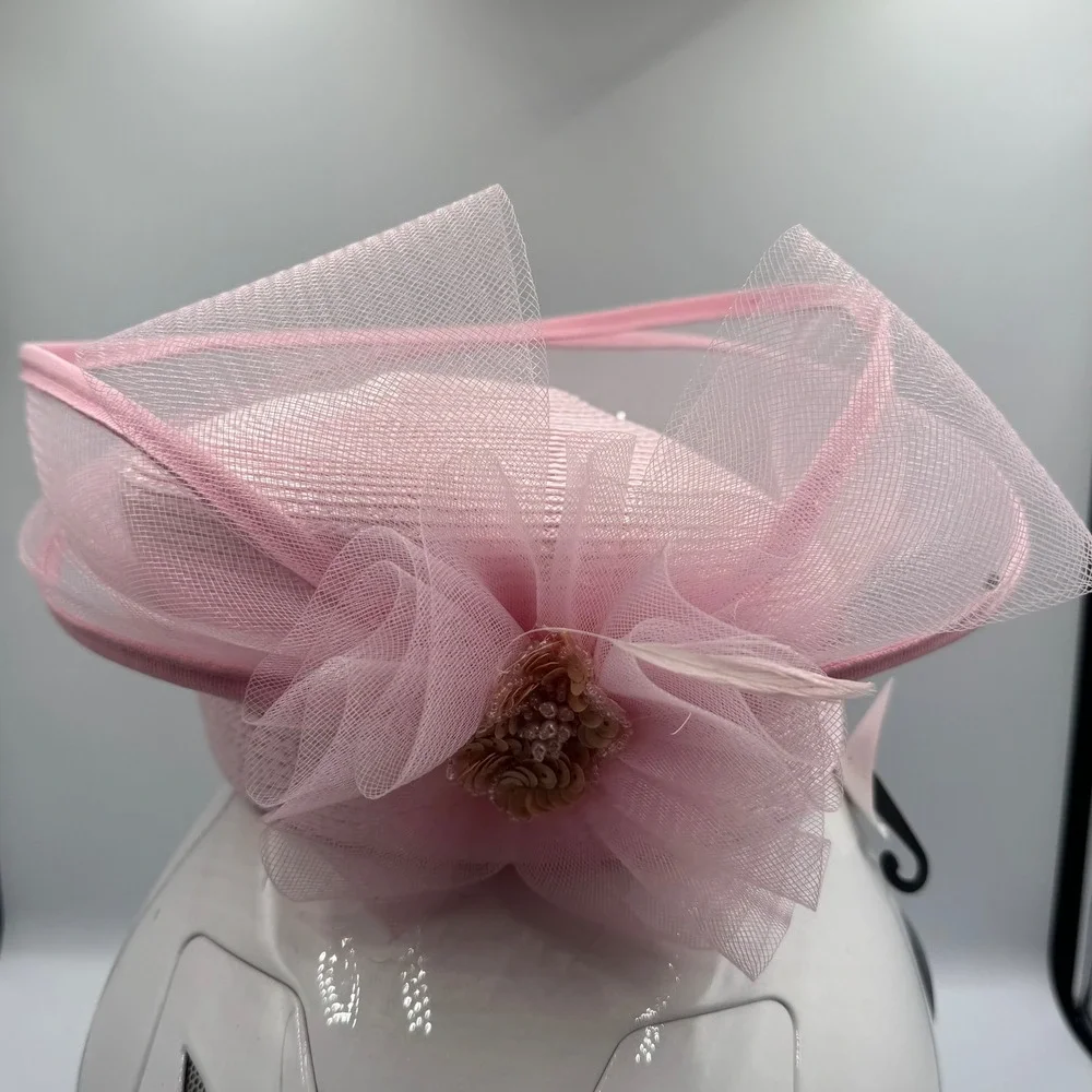 Pink Pillbox Fascinator Hat Mesh Tulle Flower Sequin Rhinestone Tea Party Hat